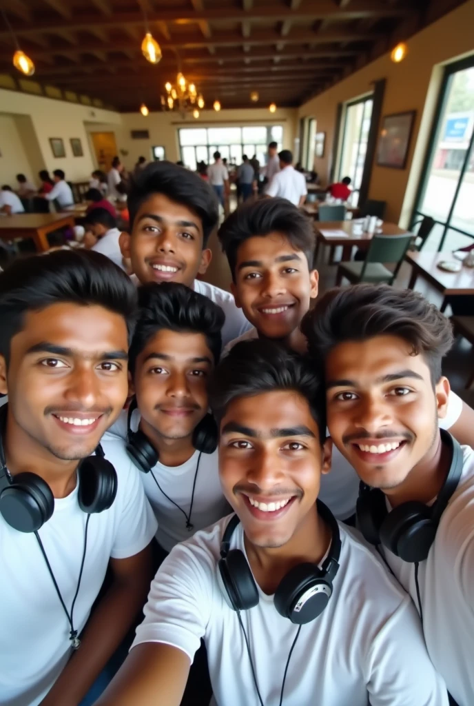 6 boys 16 year friend taking selfy in resrorent  the selfy boy were plane white t shirt with headphones on neck Indian boys