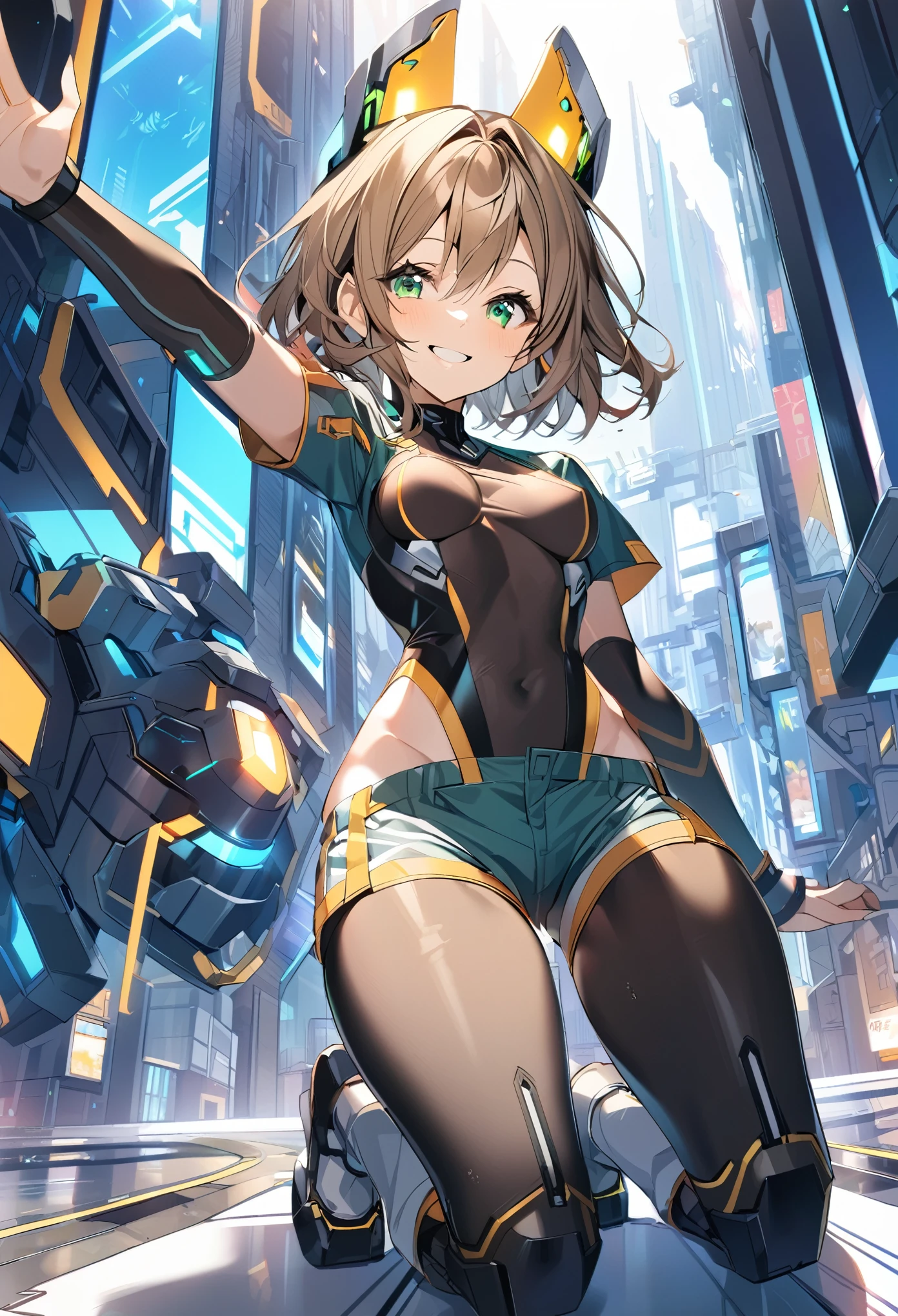 aile_megamanzx, kneeling with one hand on the ground and the other arm raised, 1girl, solo, short hair, brown hair, short sleeves, (bodysuit), robot ears, green eyes, (very_short_shorts:1.3), short sleeves, short over long sleeves, smile, in futuristic city, , high quality, medium_breasts,crotch, slouch,groin,dynamic_angle