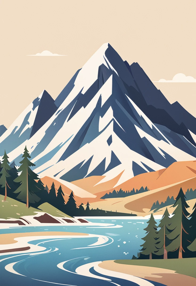 impressive painting of a mountain with trees and water, a detailed painting by Petros Afshar, shutterstock contest winner, environmental art, detailed painting, outlined art, 2d game art, isolated background for logo, strong contours, logo design