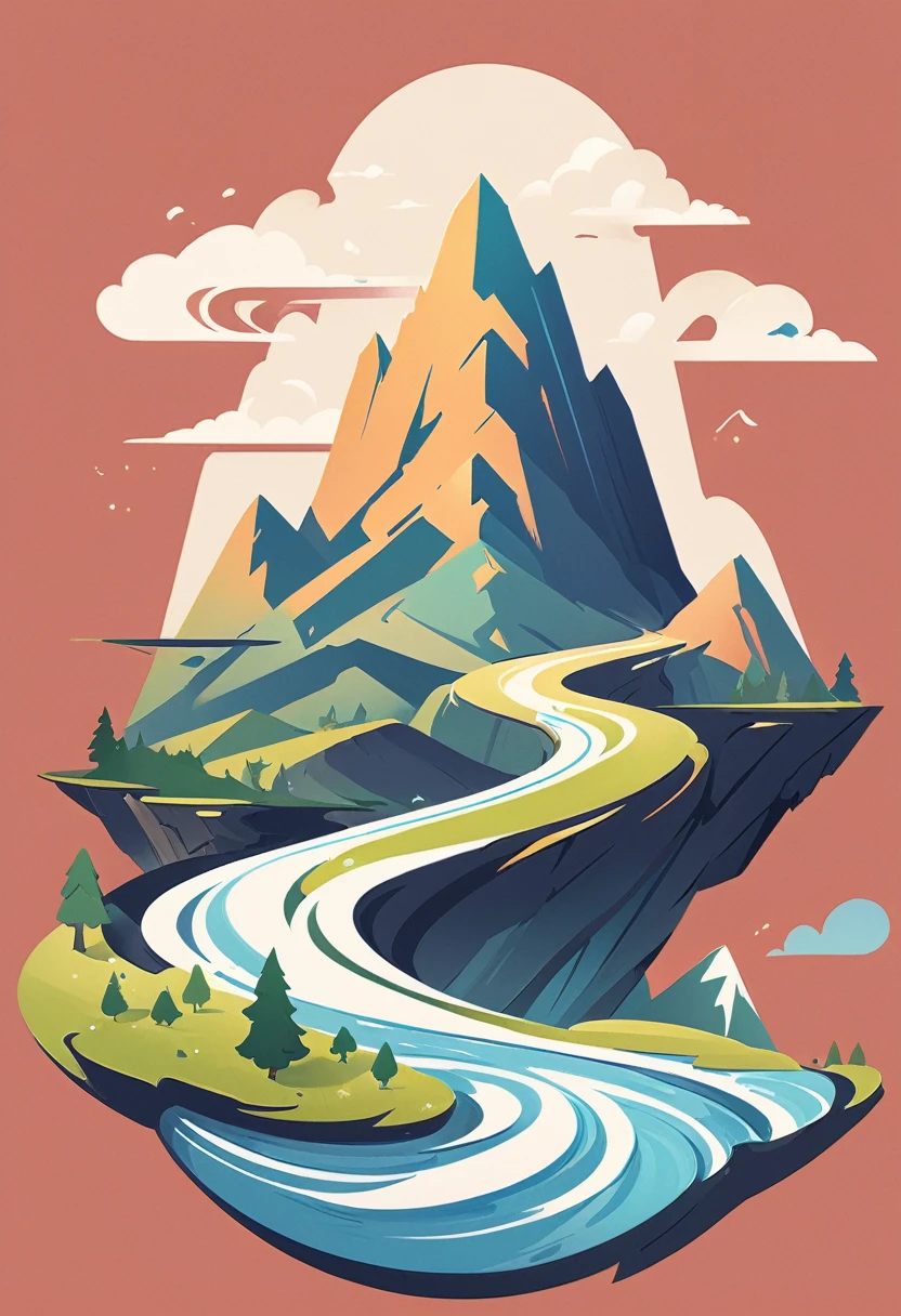 impressive painting of a mountain with trees and water, a detailed painting by Petros Afshar, shutterstock contest winner, environmental art, detailed painting, outlined art, 2d game art, isolated background for logo, strong contours, logo design