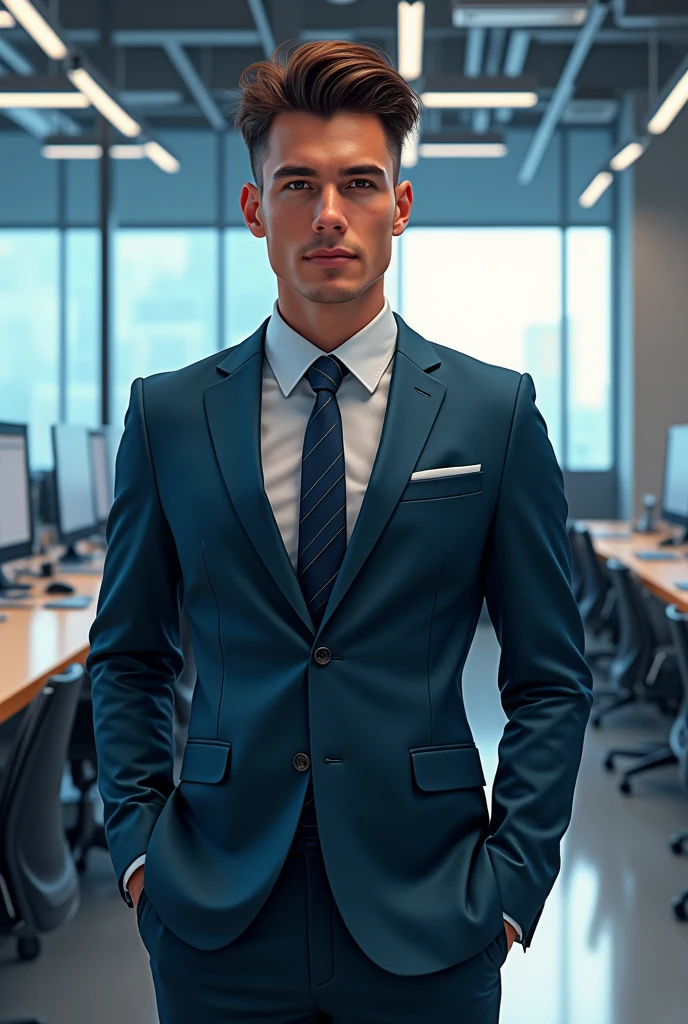 Create a professional in the administration area of an innovation and technology company, with creative clothing that expresses your innovative style, seriousness and creativity