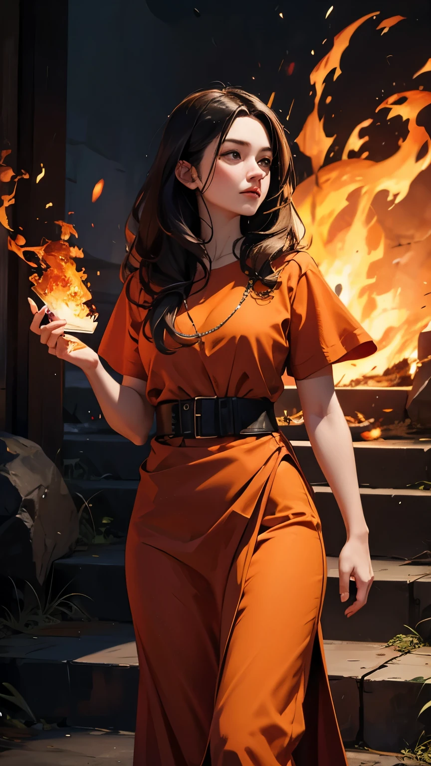 fire, woman standing