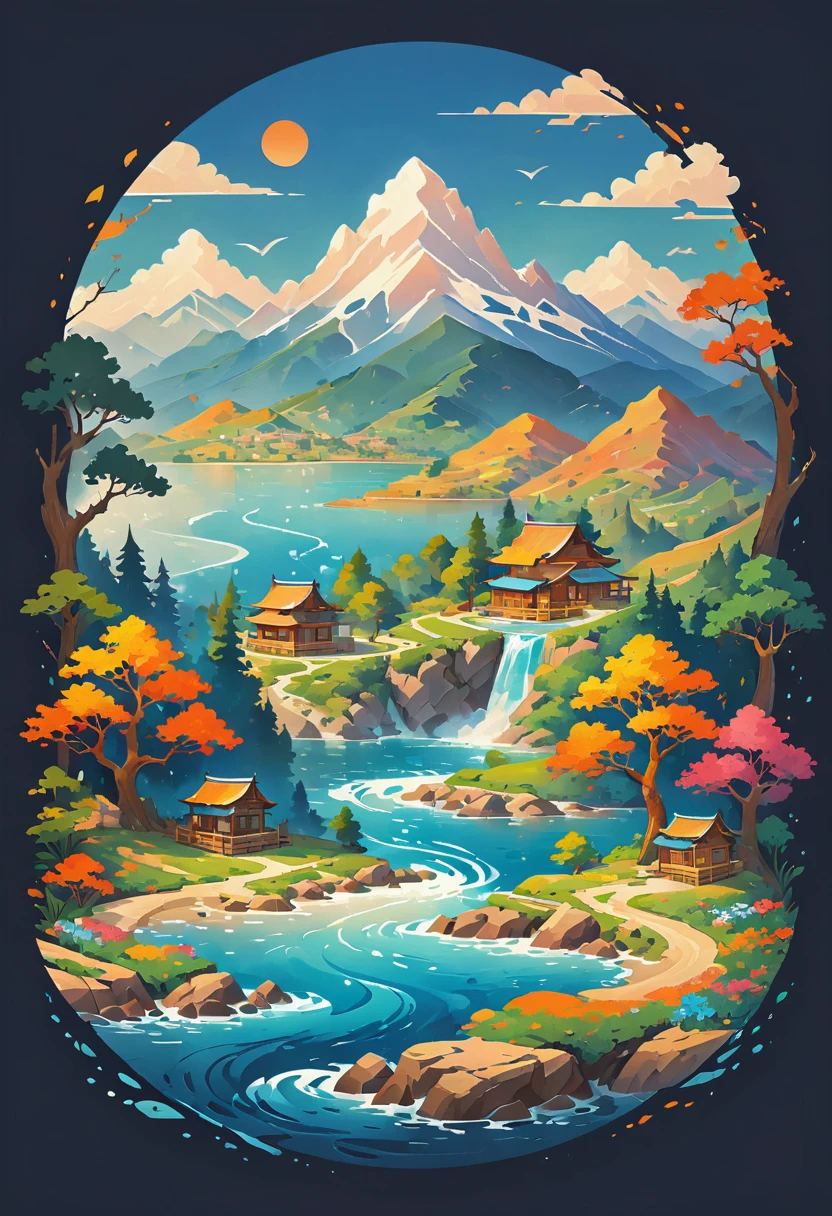 impressive painting of a mountain with trees and water, a detailed painting by Petros Afshar, shutterstock contest winner, environmental art, detailed painting, outlined art, 2d game art, isolated background for logo, strong contours, logo design
