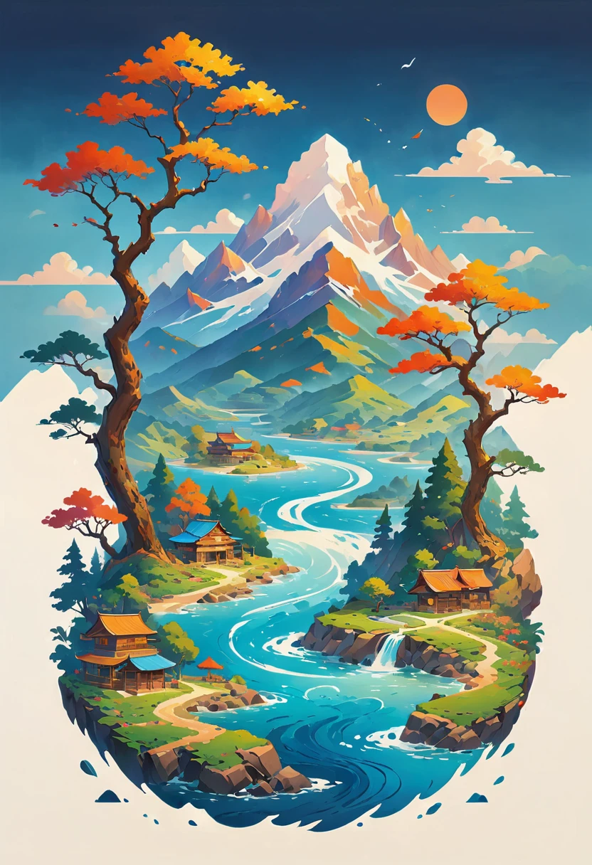 impressive painting of a mountain with trees and water, a detailed painting by Petros Afshar, shutterstock contest winner, environmental art, detailed painting, outlined art, 2d game art, isolated background for logo, strong contours, logo design
