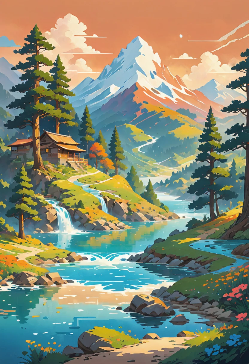 impressive painting of a mountain with trees and water, a detailed painting by Petros Afshar, shutterstock contest winner, environmental art, detailed painting, outlined art, 2d game art, isolated background for logo, strong contours, logo design