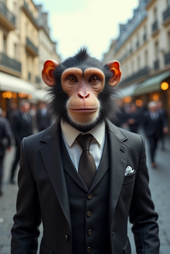 A monkey that looks prestigious and is wearing a suit behind him there is the Aquaboulevard in Paris full of people