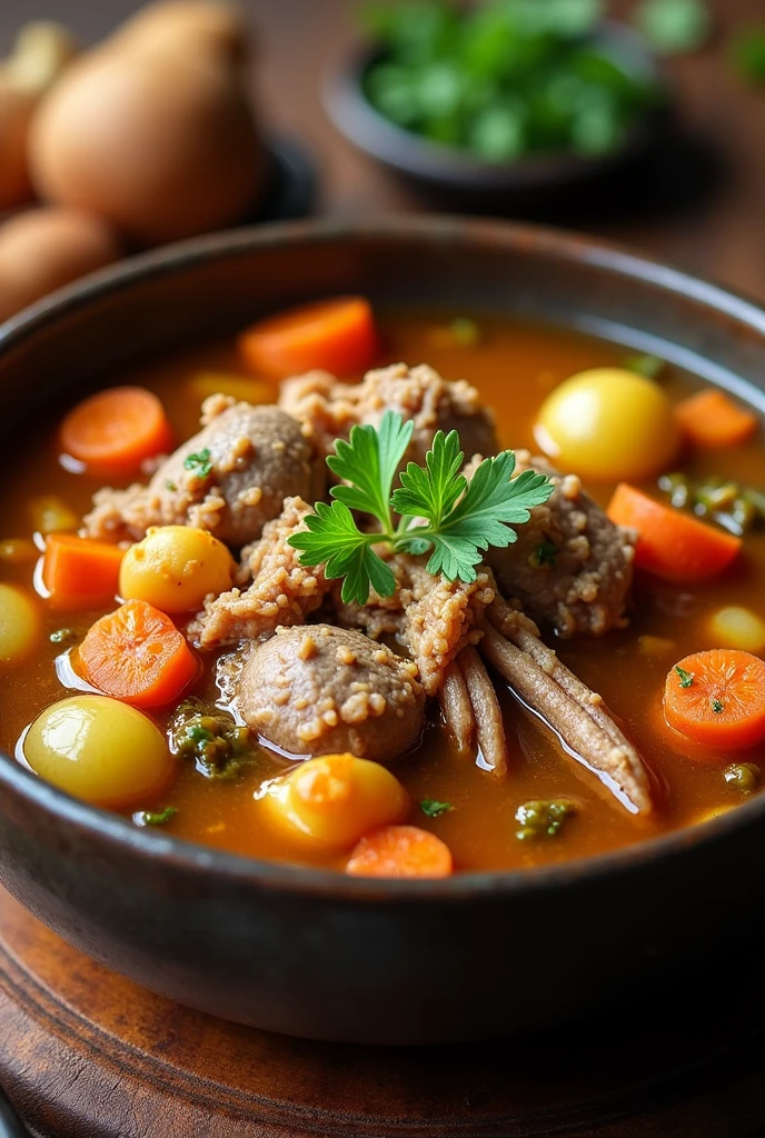 (Lagak Soup: It is a traditional Elustan soup., especially popular during the cold winter months. This dish has tender rabbit meat as the main ingredient., stewed with many kinds of vegetables, herbs and spices. Meat is usually stewed until it is flavorful and easily shredded., create rich quality, nutritious for broth. Các thành phần bổ sung phổ biến bao gồm cà rốt, potatoes and onions, Helps absorb the delicious flavors of meat and spices. Lagak is known for its nourishing and pleasant properties., khiến nó trở thành món ăn chính trong ẩm thực mùa đông Elustan.

