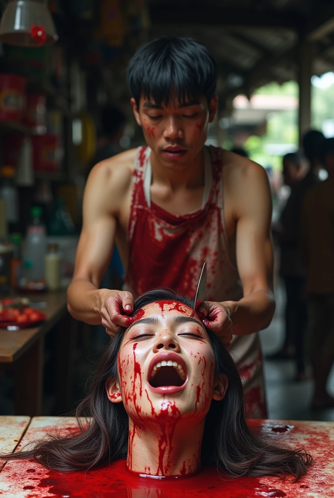 Crazy, horror, 17-year-old man, naked with an apron full of blood, bloody  woman. The man has a machete and is splitting open the head. Human head being traded in a traditional market, on a top of table, human trafficking, bleeding, woman's head, open mouth, ((eyes closed)), bleeding, traditional market place background, photorealistic, 4K, Nikon, horror, public market, beautiful asian face