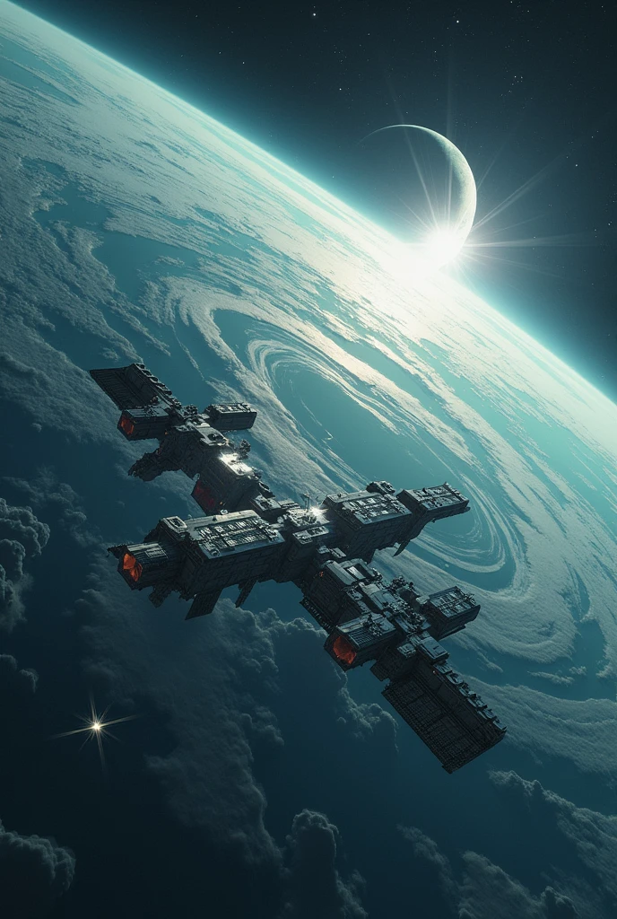 A white star, moon with big space station, the earth with space station, the jupiter
