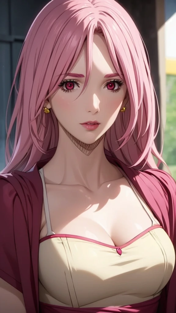 1girl,jewelry,earrings, hair,flower,looking at viewer,portrait,parted lips, eyes,bangs,crown,collarbone,eyelashes,short hair,makeup,red lips,lips,tiara,solo,solo focus,lipstick,yellow flower,, more prism, vibrant color, ,,HoloDayo XL

an anime anime character with pink hair holding a red dress in the dark, solo, 1girl, long hair, pink hair,red eyes ,