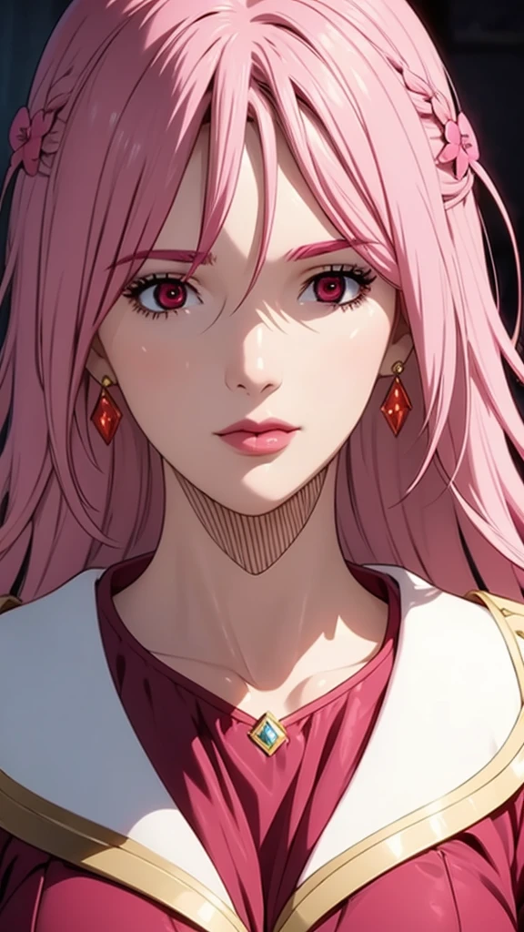 1girl,jewelry,earrings, hair,flower,looking at viewer,portrait,parted lips, eyes,bangs,crown,collarbone,eyelashes,short hair,makeup,red lips,lips,tiara,solo,solo focus,lipstick,yellow flower,, more prism, vibrant color, ,,HoloDayo XL

an anime anime character with pink hair holding a red dress in the dark, solo, 1girl, long hair, pink hair,red eyes ,