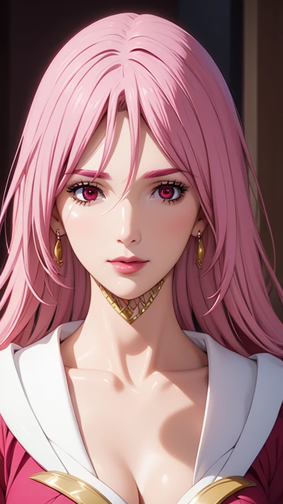 1girl,jewelry,earrings, hair,flower,looking at viewer,portrait,parted lips, eyes,bangs,crown,collarbone,eyelashes,short hair,makeup,red lips,lips,tiara,solo,solo focus,lipstick,yellow flower,, more prism, vibrant color, ,,HoloDayo XL

an anime anime character with pink hair holding a red dress in the dark, solo, 1girl, long hair, pink hair,red eyes ,