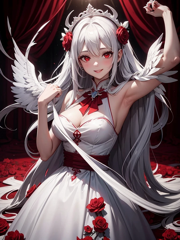 Women, red eyes, white long wavy hair, with white dress, wearing a flower decoration on his head, like a fallen angel. smile. mature women. long dress. sadistic smile