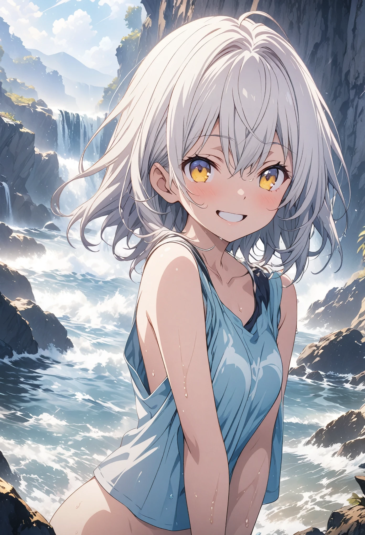 masterpiece, Highest quality, Highly detailed CG Unity 8k wallpaper, High School Girl Anime Illustration. Wear an oversized tank top、Standing in honorポーズをする、crossed armsポーズをする、she has her eyes closed and mouth open, smile. The background is a light pastel colored landscape..., white hair color, Yellow Eyes, Cowboy Shot、crossed armsポーズをして立っている猫, Depth of subject, Get wet