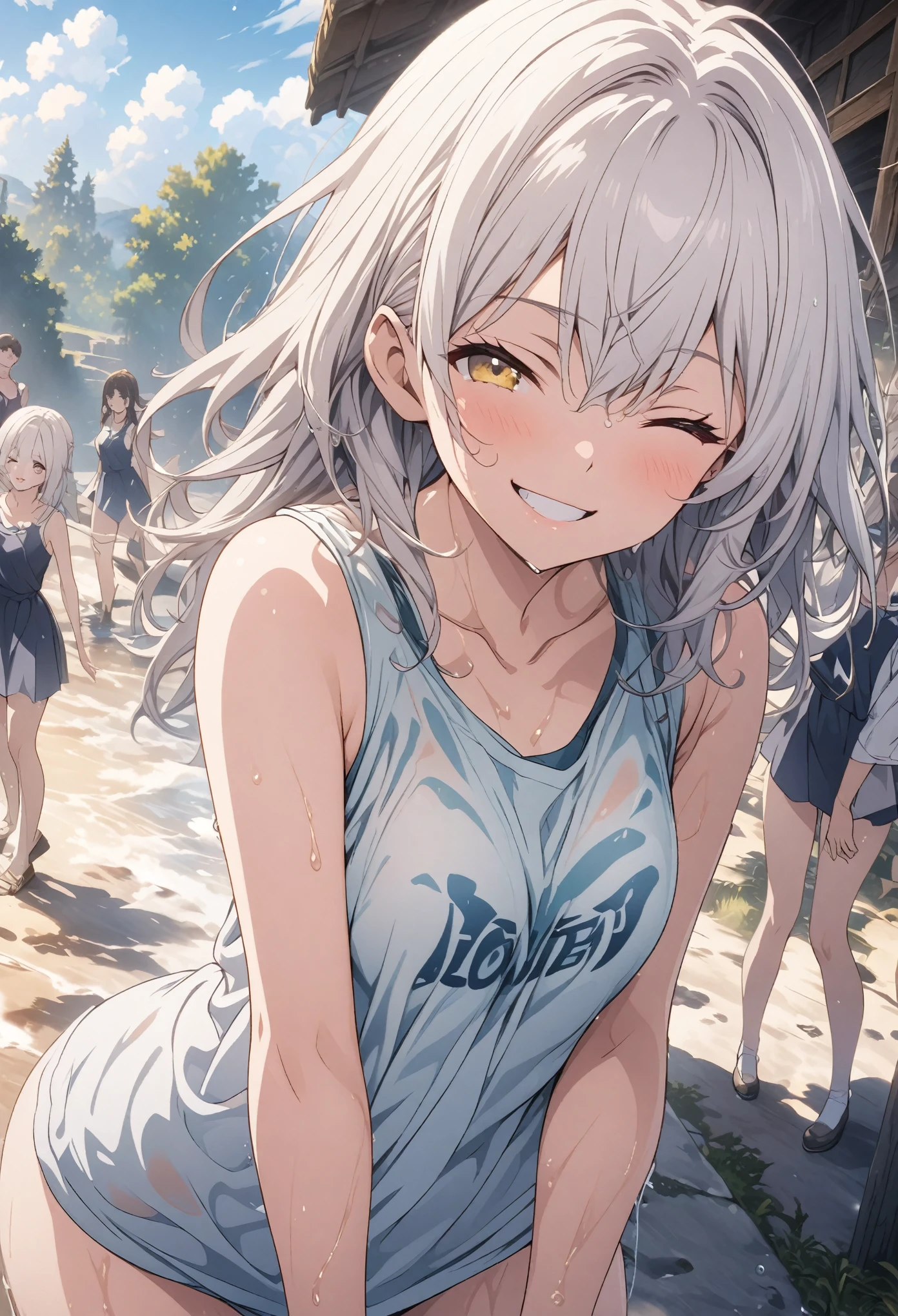 masterpiece, Highest quality, Highly detailed CG Unity 8k wallpaper, High School Girl Anime Illustration. Wear an oversized tank top、Standing in honorポーズをする、crossed armsポーズをする、she has her eyes closed and mouth open, smile. The background is a light pastel colored landscape..., white hair color, Yellow Eyes, Cowboy Shot、crossed armsポーズをして立っている猫, Depth of subject, Get wet