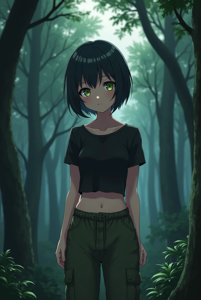 girl, , ligh green hair, short haircut, purple eyes, short overalls,, half naked, sexy outfit, sensual, in dark forest, holding chainsaw, Looking at viewer, sinister sensual smiling, stepping out of clothes