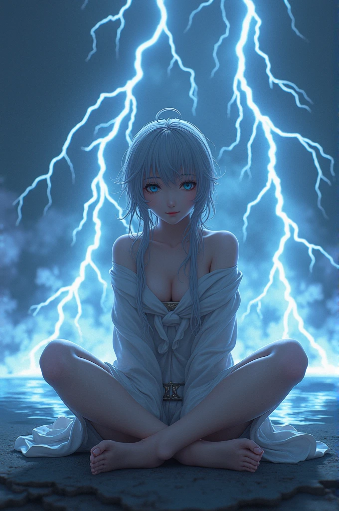 winds(impact genshin),4k,realist, Nadir plane
, lightning, seated,open legs ,detailed, without shoes, beautiful feet ,
