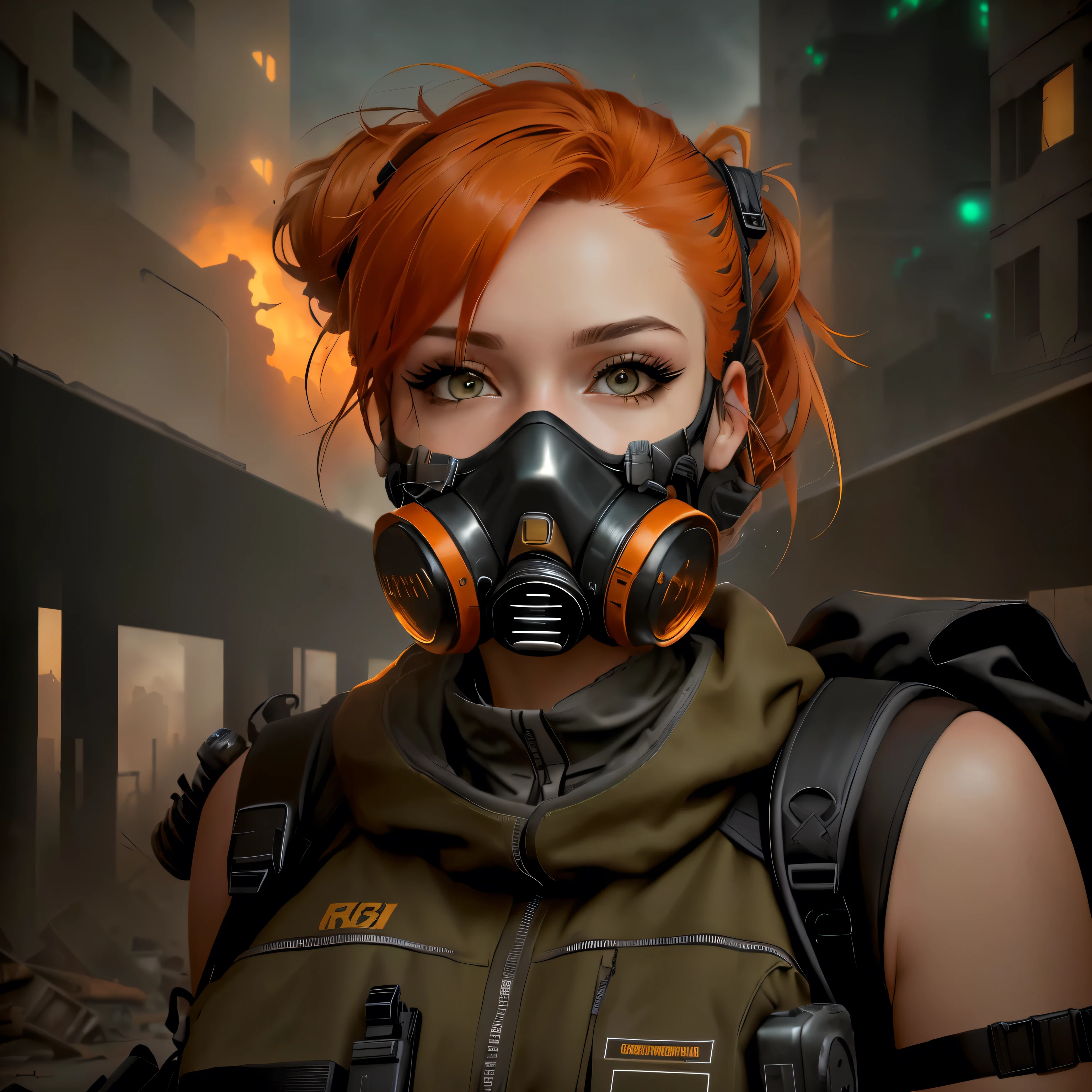 woman with gas mask and backpack in front of a city, postapocalyptic vibrations, post-apocalyptic scavenger, wearing an all black mask, post - apocalyptic vibe, cicatriz, orange red hair, honey-colored eyes, dystopian science fiction character, (rust), not Apex Legends style, apocalyptic vibrations, Irreal 5. rpg portrait, wearing a gas mask, pretty, best quality, 8k