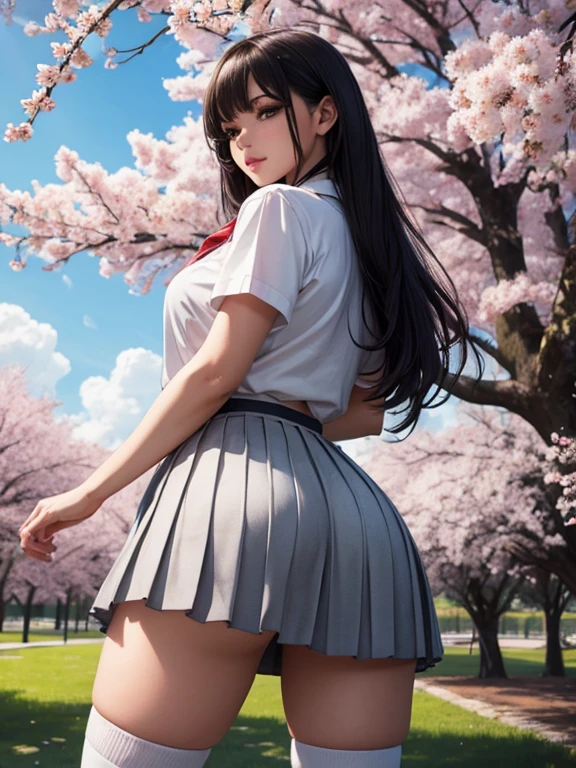 a school girl bending over, looking back, panty visible, beautiful detailed eyes, beautiful detailed lips, extremely detailed face and hair, long eyelashes, pleated skirt, white blouse, knee-high socks, loafers, school campus, cherry blossom trees, sunlight, vibrant colors, intricate details, realistic, photorealistic, 4k, high resolution, best quality, masterpiece