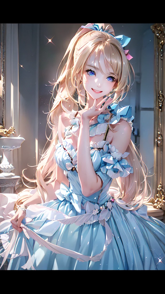 One girl, solo, Long Hair, High resolution, smile, blue eyes, Blonde, ponytail, ribbon hair accessories, Sparkle Effect, Antique furniture、null、Pink Dress