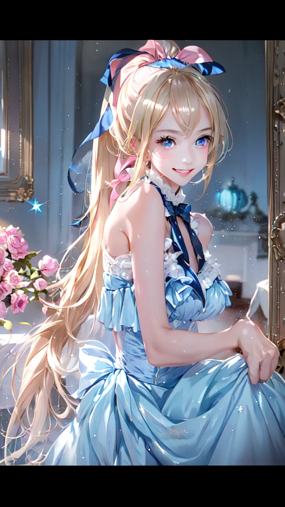One girl, solo, Long Hair, High resolution, smile, blue eyes, Blonde, ponytail, ribbon hair accessories, Sparkle Effect, Antique furniture、null、Pink Dress