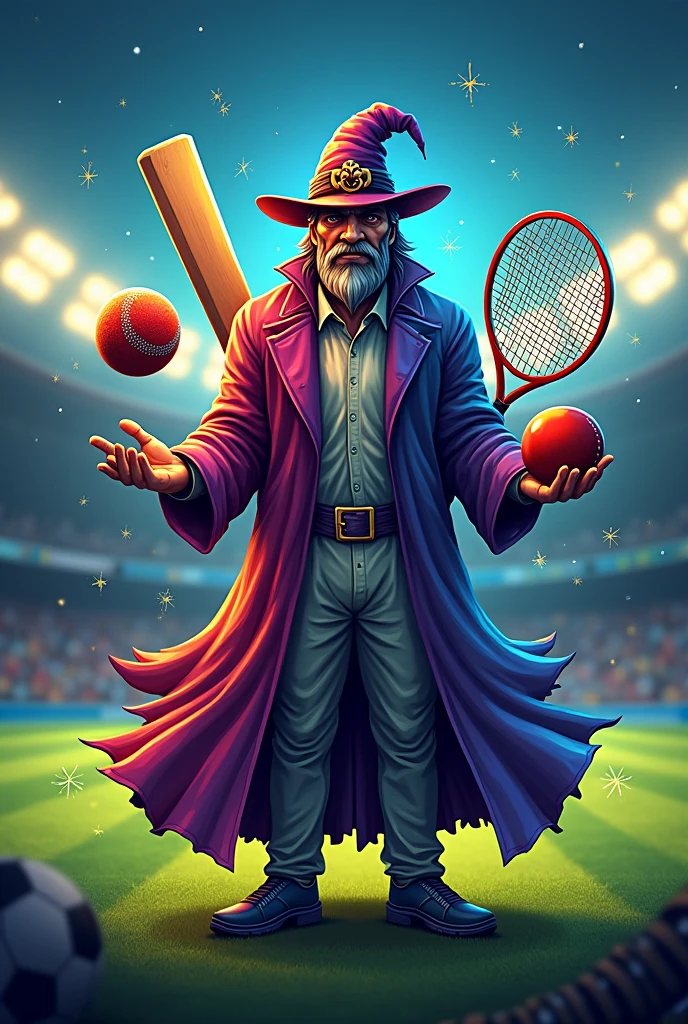 Design a sport logo where a tennis racket, a cricket bat- ball and a football clearly visible . Text must be written on it that is 'JADUGAR Sports Prediction ' in multi colour. Also a magician in background on surface of playground.
