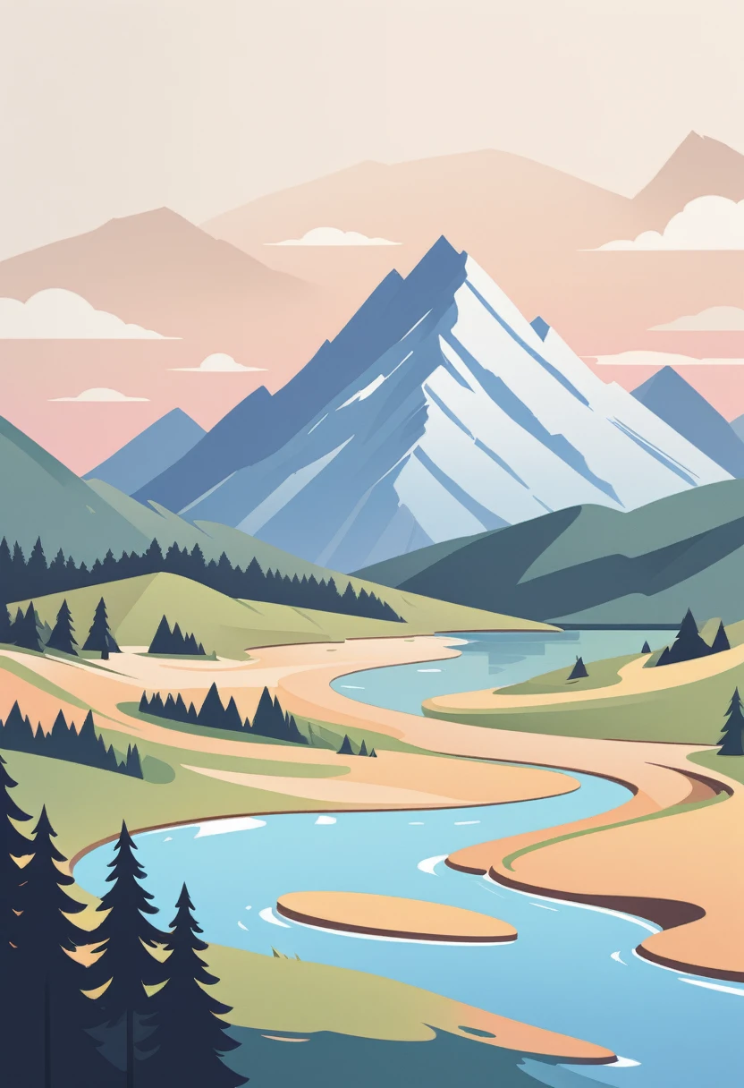 impressive painting of a mountain with trees and water, a detailed painting by Petros Afshar, shutterstock contest winner, environmental art, detailed painting, outlined art, 2d game art, isolated background for logo, strong contours, logo design
