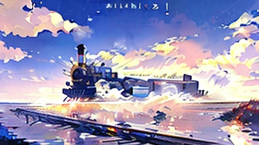 Sit on the train and watch，Cartoon train passing through water on rails, Bright starry sky. Blue romantic train, Photo by Makoto Shinkai, Pure, Concept Art, Lofi Art style, reflection.，新海誠のアニメーションアートstyle, Lofi Art, Beautiful anime scene, Anime Scenery, Detailed view, Xin Haichen&#39;style, Xin Haichen&#39;style, Highlight details