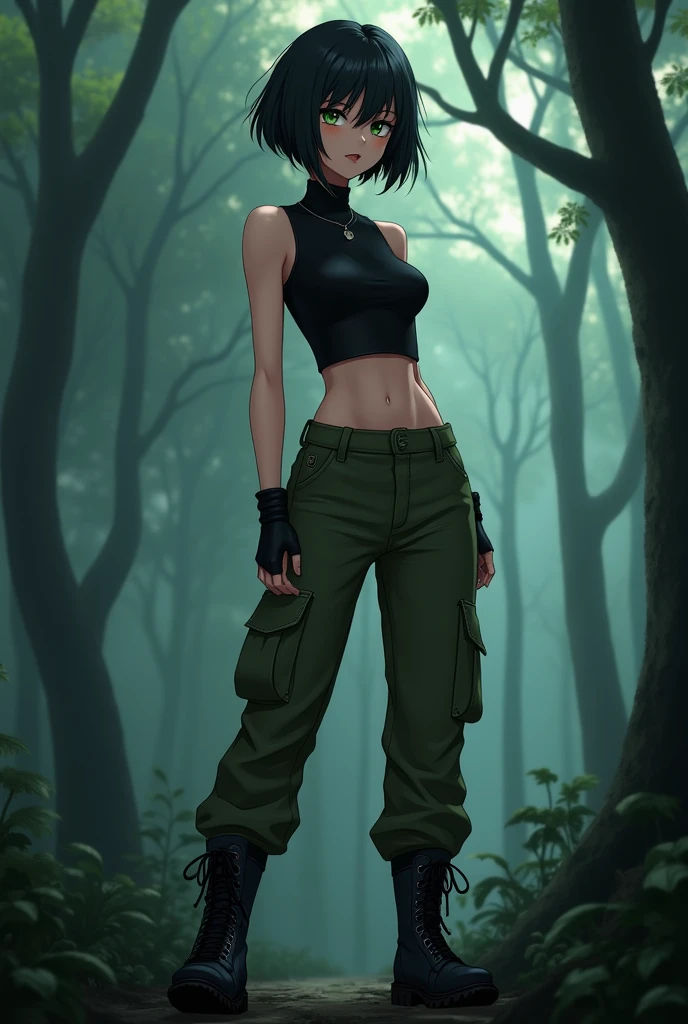 Anime girl, short black hair, jellyfish hair-cut, olive-green eyes, black tight fitting crop-top, olive-green parachute pants, black combat boots, dark forest background