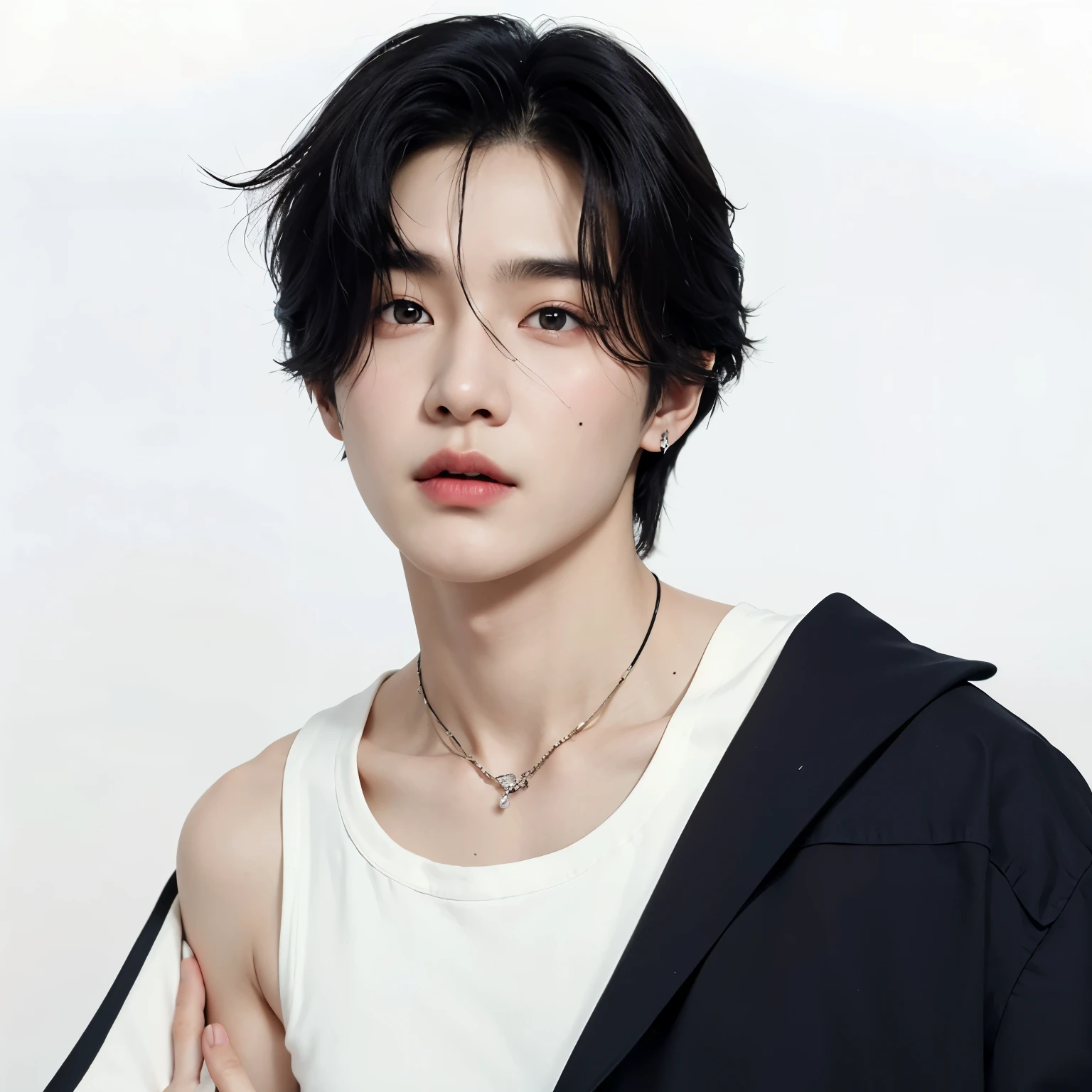 Image of a man wearing a black jacket and a white shirt, Inspired by Zhang Han, delicate androgynous prince, ojos delicados y redondos min Yoongi, min Yoongi, sugar bts, August d, sugar, Yoongi