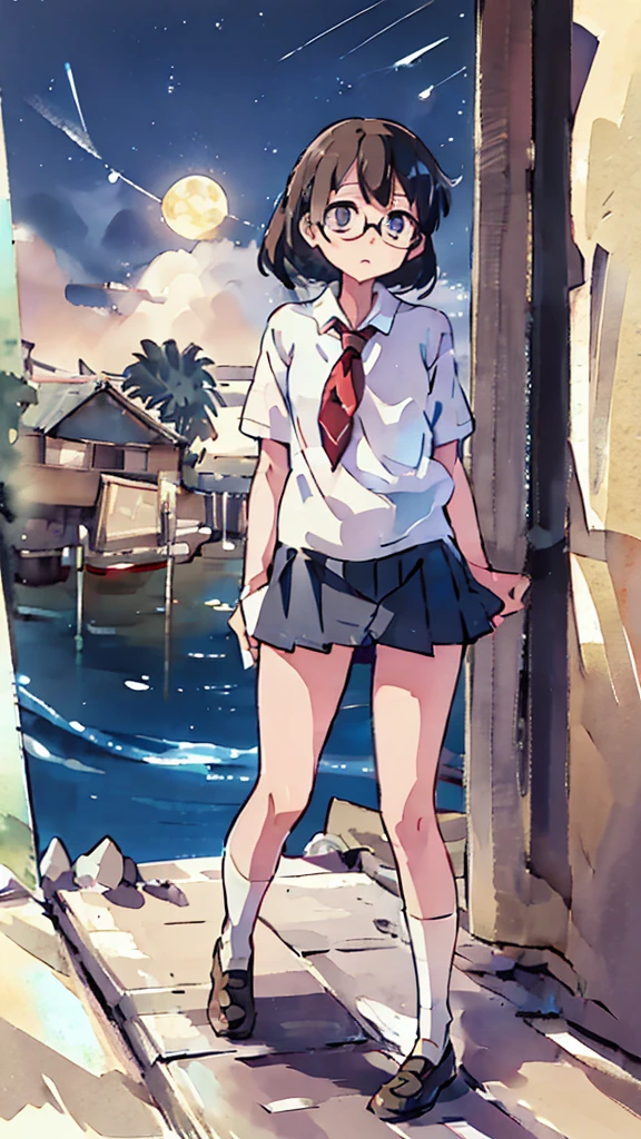metropolis、water、Midnight、Moon、Blue light、sky、sea、Nsfw、masterpiece, high quality, 4K, HDR,, Stable Diffusion prompt: schoolgirl with short、brown hair and red-framed glasses, wearing a white blouse and navy skirt, white panties visible, navy socks and brown loafers, in a state of arousal and trembling with sexual climax,simple illustration style, In a nichijou (everyday life) Setting Image generation AI model used: Stable Diffusion (eleet- model)
id: i2