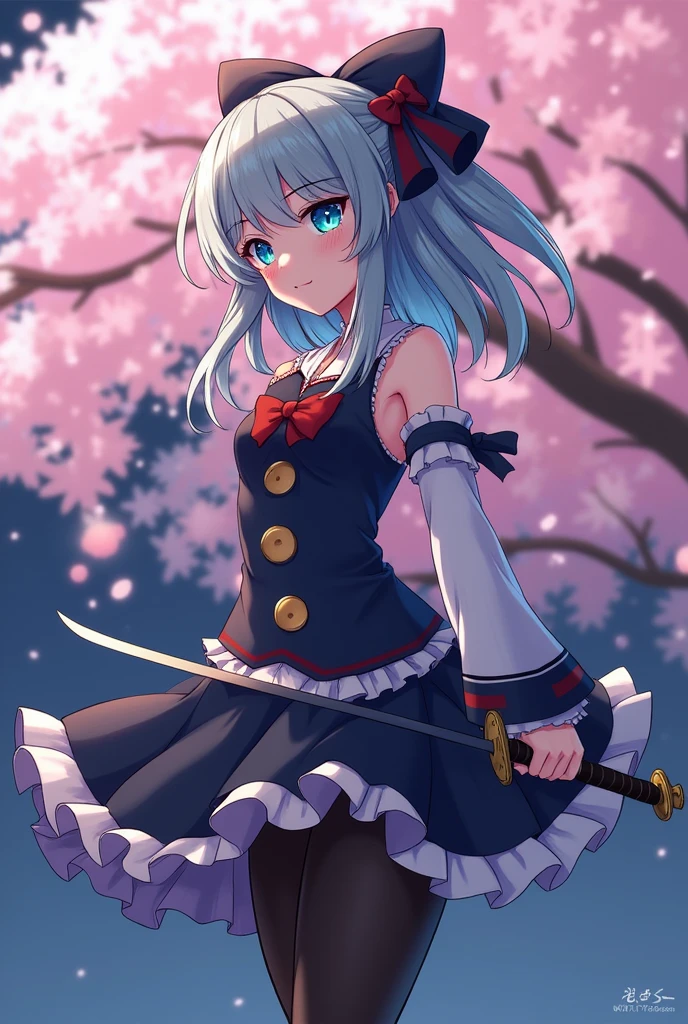 (((masterpiece))),(((Highest quality))),((Very detailed)),(shape),(Dynamic Angle), ((Touhou Project)),(A slim body),((Disheveled Hair)), (((Voluptuous Body))),(((Unleash a sword technique))), ((Girl wearing black tights)), (((View from the front))),((Beautifully detailed body)),((side、Shoulders are exposed)),(((Mysterious and sparkling blue eyes)))Gray Hair, ((Colorful Hair)),((Striped and long hair)), Beautiful attention to detail,(Gradient color eyes),(((Delicate eyes))), (((background))),(((High saturation))),(((Konpaku Youmu))),(((In front of cherry blossoms in the night view))