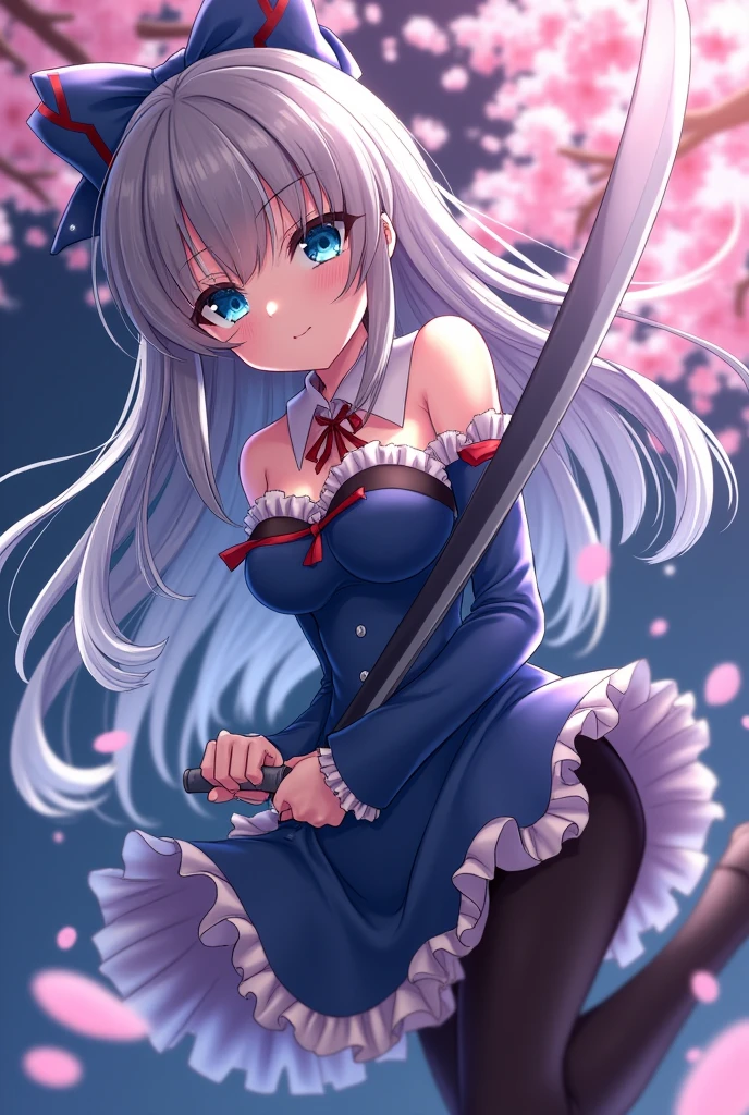 (((masterpiece))),(((Highest quality))),((Very detailed)),(shape),(Dynamic Angle), ((Touhou Project)),(A slim body),((Disheveled Hair)), (((Voluptuous Body))),(((Unleash a sword technique))), ((Girl wearing black tights)), (((View from the front))),((Beautifully detailed body)),((side、Shoulders are exposed)),(((Mysterious and sparkling blue eyes)))Gray Hair, ((Colorful Hair)),((Striped and long hair)), Beautiful attention to detail,(Gradient color eyes),(((Delicate eyes))), (((background))),(((High saturation))),(((Konpaku Youmu))),(((In front of cherry blossoms in the night view))