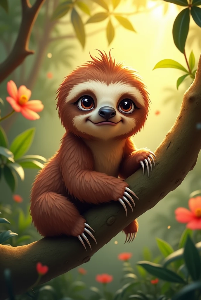 Generate an image of a cute little angry Disney-style sloth