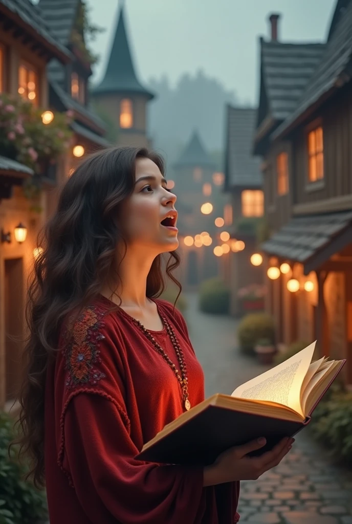 A brunette teenager singing in a magical town to win a book
