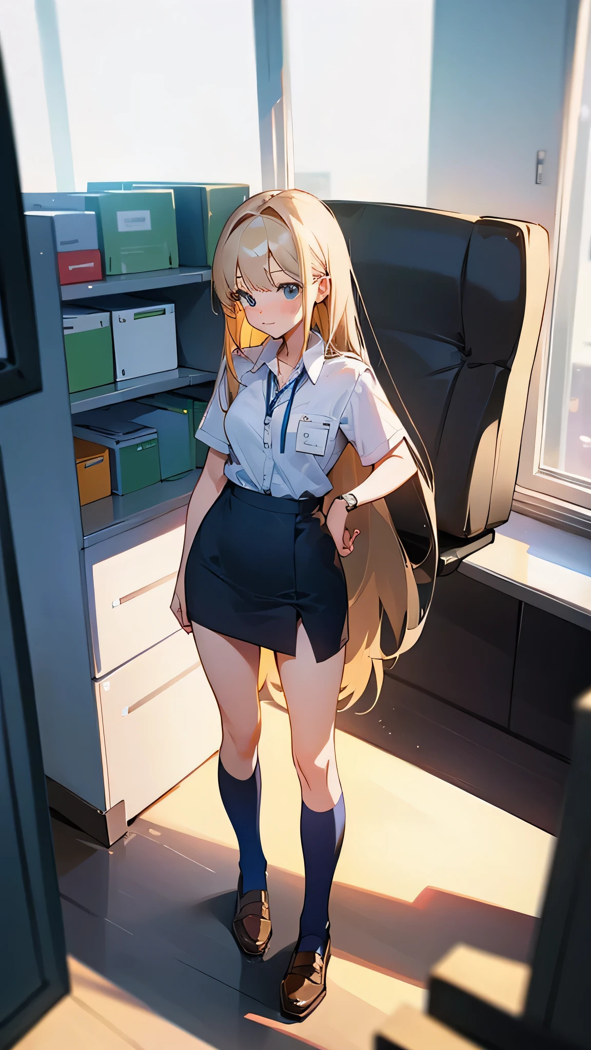 Cute girl standing on relling in office uniform