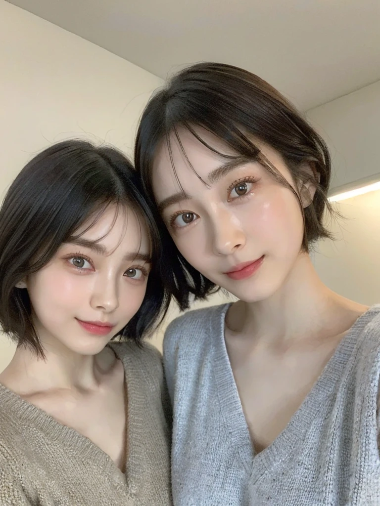 (masterpiece:1.3), (8k, Photoreal, Raw photo, best image quality: 1.4), Japanese high school girl、(random hairstyle:1.2)、cleavage:1.5、super detail face、eye for details、double eyelid、chest to chest、sharp focus:1.2、Beautiful woman:1.4、light brown hair、highest quality、masterpiece、超A high resolution、(Photoreal:1.4)、Highly detailed and professionally lit smiles、loose and light knitwear、shoulder out、thin、serious expression、short haired、deadly position
similar identical twins
All the girls have the exact same face, The two have the same face and figure, as if they were mirror images.