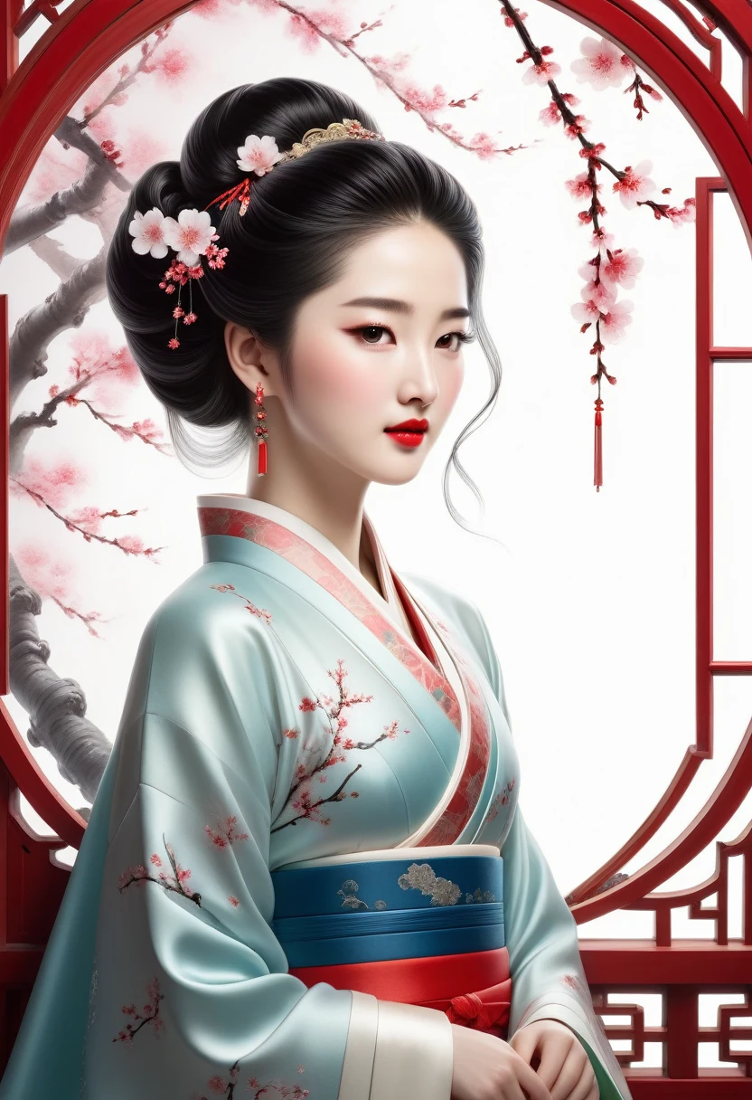A sparkling, gorgeous jewel, Minimalist design, Public figure, reply, Ancient Beauty, Looks like Liu Yifei., window fairy, Edo hairstyle, Red lips smiled like cherry blossoms, Curved posture, white background, raised an eyebrow, Not messy, enlargement, rococo style, animation style, high detail, Contemporary art