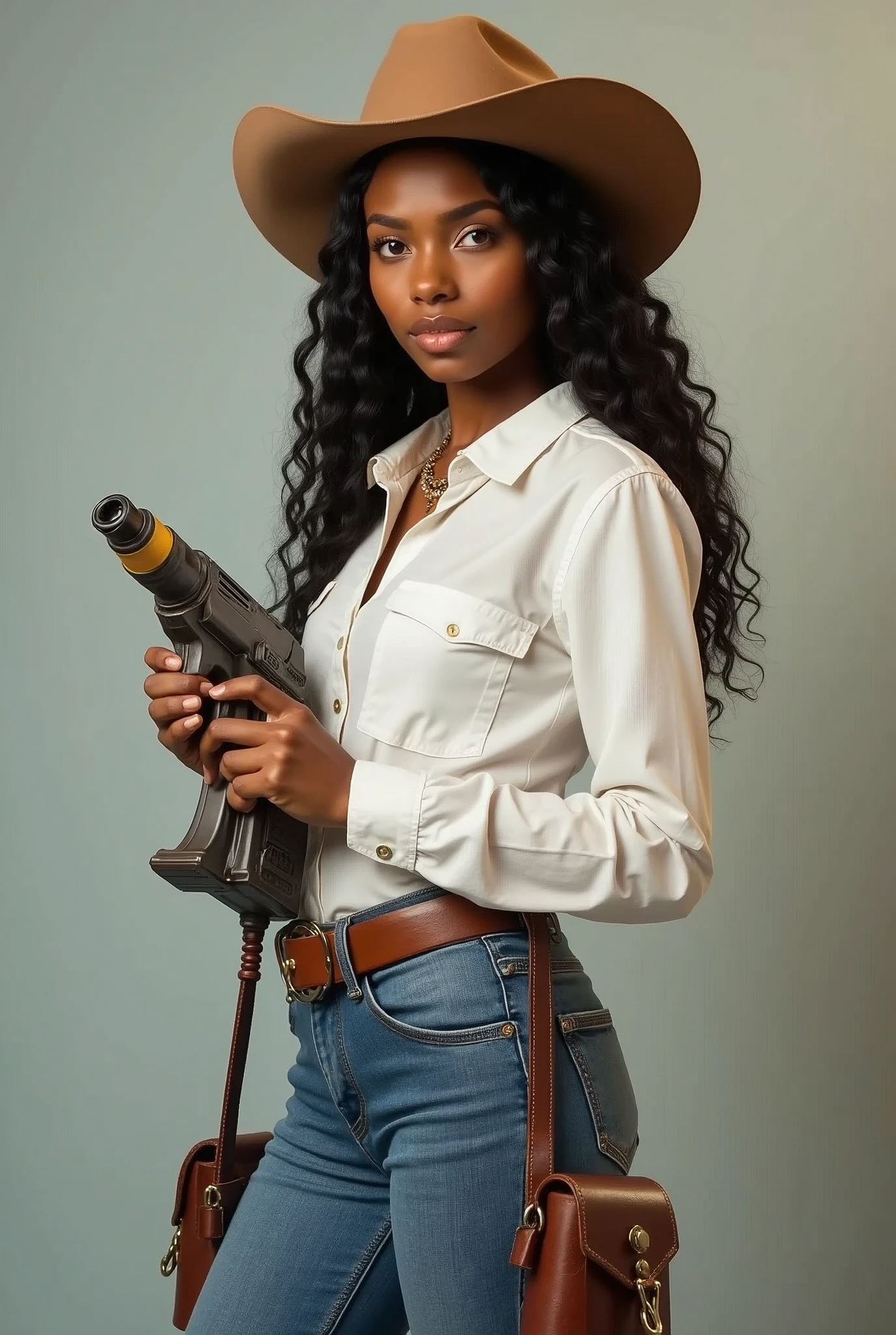 Cowgirl with soft dark skin and white shirt and cowgirl hat and blue jeans and brown boots hold a small power wash gun . Make it logo
