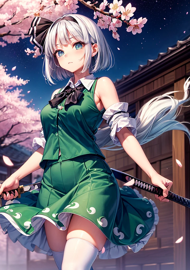 (((masterpiece))),(((Highest quality))),((Very detailed)),(shape),(Dynamic Angle), ((Touhou Project)),(A slim body),((Disheveled Hair)), (((Voluptuous Body))),(((Unleash a sword technique))), ((Girl wearing black tights)), (((View from the front))),((Beautifully detailed body)),((side、Shoulders are exposed)),(((Mysterious and sparkling blue eyes)))Gray Hair, ((Colorful Hair)),((Striped and long hair)), Beautiful attention to detail,(Gradient color eyes),(((Delicate eyes))), (((background))),(((High saturation))),(((Konpaku Youmu))),(((In front of cherry blossoms in the night view))