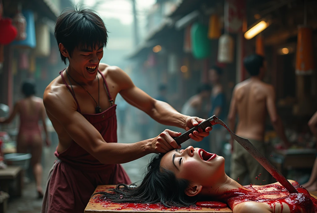 , horror, 17-year-old man, naked with an apron full of bloodody woThe man has a machete and is splitting open the head. Human head being traded in a traditional market, on a top of table, human trafficking, bleeding, woman's head, open mouth, ((eyes closed)), bleeding, traditional market place background, photorealistic, 4K, Nikon, horror, public market, beautiful asian face