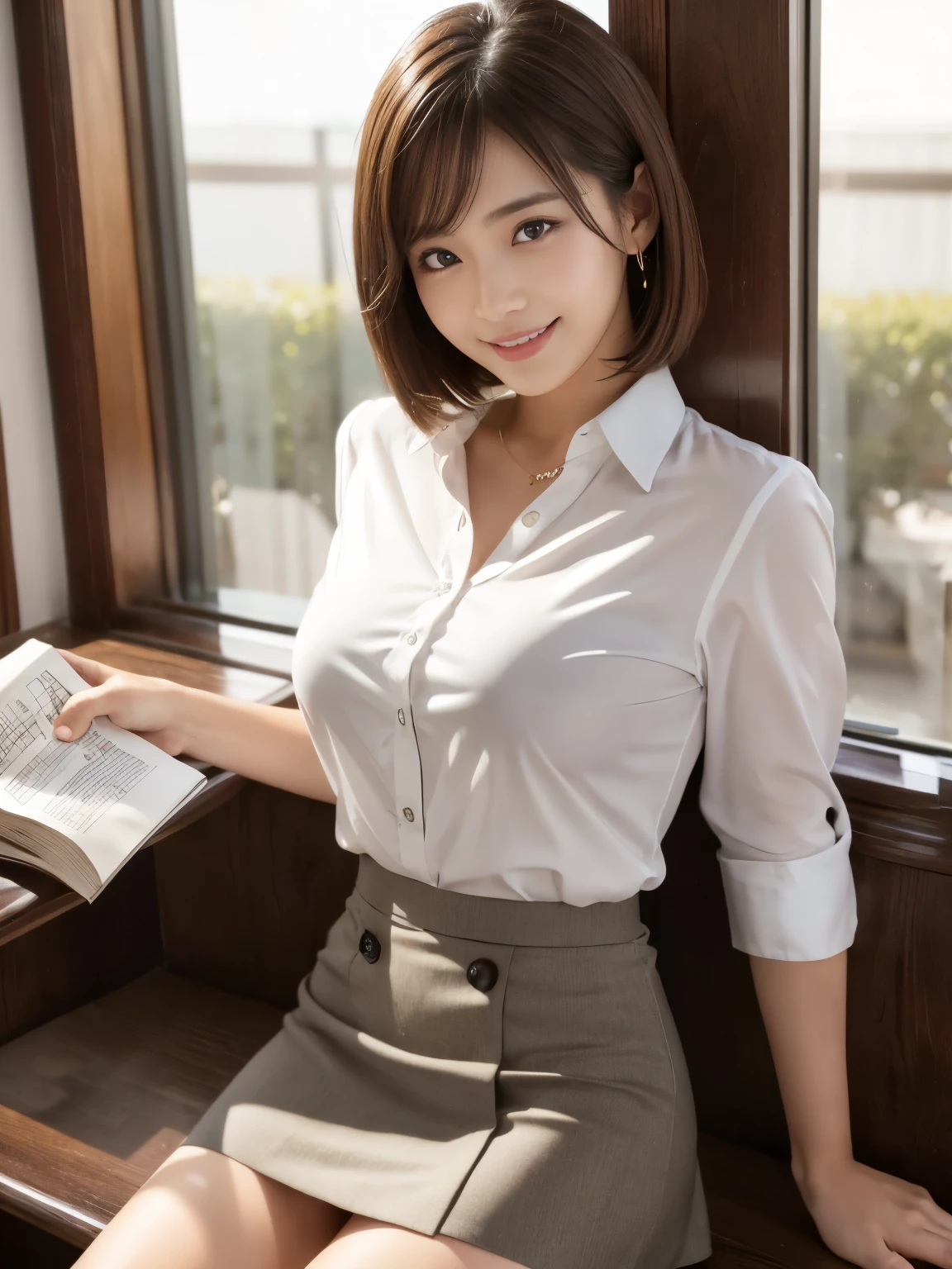 ((Business open-neck shirt)),((mini skirt)),((smile))、(Spread legs),((Highest quality)), Realistic, Very detailed, In detail, ((High resolution)), 8k,Japanese women,Beautiful woman,gravure,intellectual,Beautiful Skin,Beautiful Eyes,Detailed face,(Glamour),((short hair)),Brunette colored hair,20th Generation,Bust Size 87cm,Neat constriction,(Beautiful Eyes),(Adult),((library))、((Reading a book))