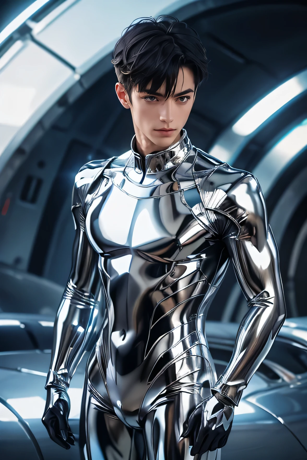 日本人MaleイケMeンモデル　　22 years old　smile　　　Black Hair　　Short cut　Short bangs　From KaMeRa&#39;s perspective　　　　　Shiny full-body silver suit　　　Shiny silver latex suit　Me　　From KaMeRa&#39;s perspective　future world　　　　　Upper body close-up　Face close-up　Male　male　male　　 dynamic pose