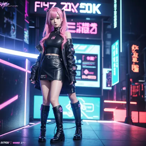 anime girl in a short skirt and boots posing in front of a wall of monitors, cyber punk setting, inspired by leng mei, e - girl,...