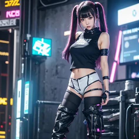 anime girl in a short skirt and boots posing in front of a wall of monitors, cyber punk setting, inspired by leng mei, e - girl,...