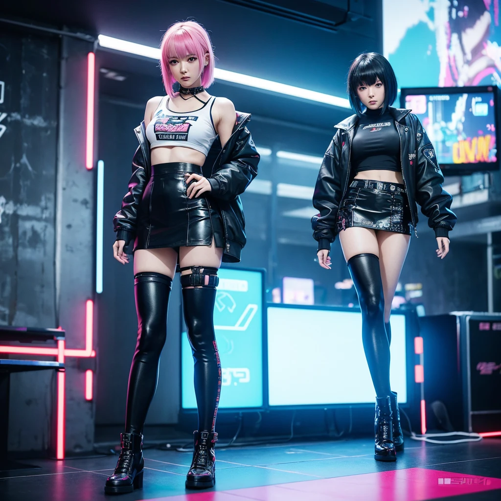 anime girl in a short skirt and boots posing in front of a wall of monitors, cyber punk setting, inspired by Leng Mei, e - girl, e-girl, 2b, 2 b, in cyberpunk style, cyberpunk with neon lighting, cyberpunk 2 0 y. o model girl, kda, in cyber punk 2077, y 2 k cybercore