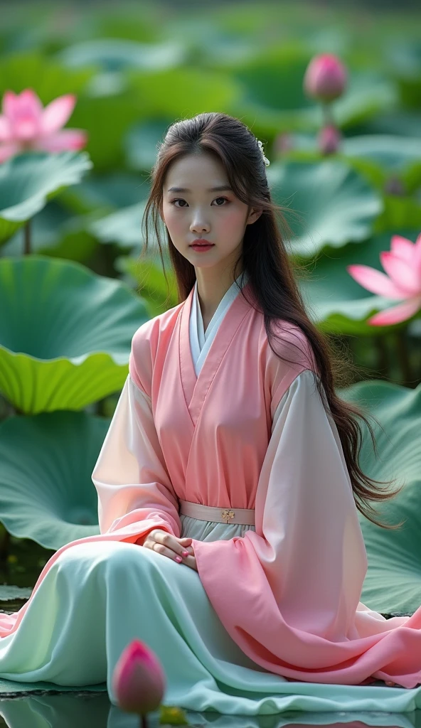 Photographic Reality ((Big lotus flower background)) Looking straight at the camera ((Close-up)) Absurd, High resolution, Very detailed, (1 girl:1.3), ((Photographic Reality)), Simple lines, Beautiful woman in colorful Chinese Hanfu, , Near the lotus pond, masterpiece, Sit on the water, Floating clothes, Flowing Hair