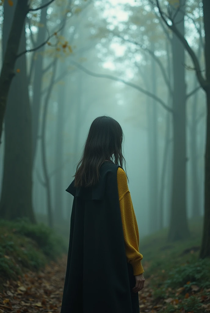 Fille brune portant un pull jaune un grand noir, de dos, debout dans une forêt brumeuse