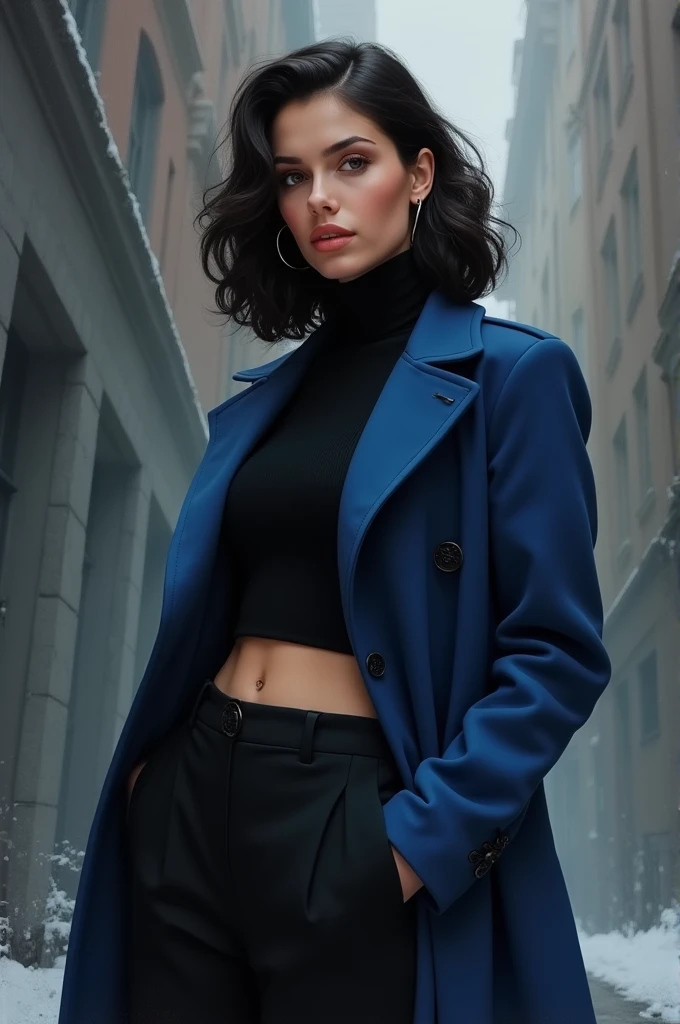 create a painting of a woman wearing a dark blue winter coat, black cropped top and black dress pants