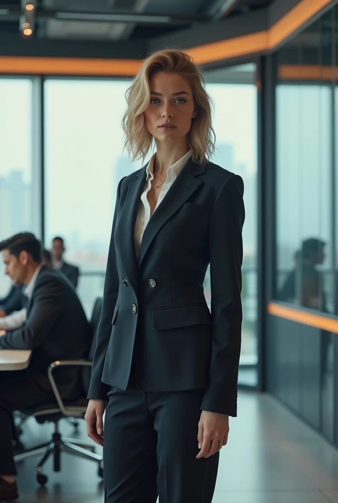 Create a professional in the administration area of an innovation and technology company, with creative clothing that expresses your innovative style, seriousness and creativity without excessive formality, with more flexibility to express your style